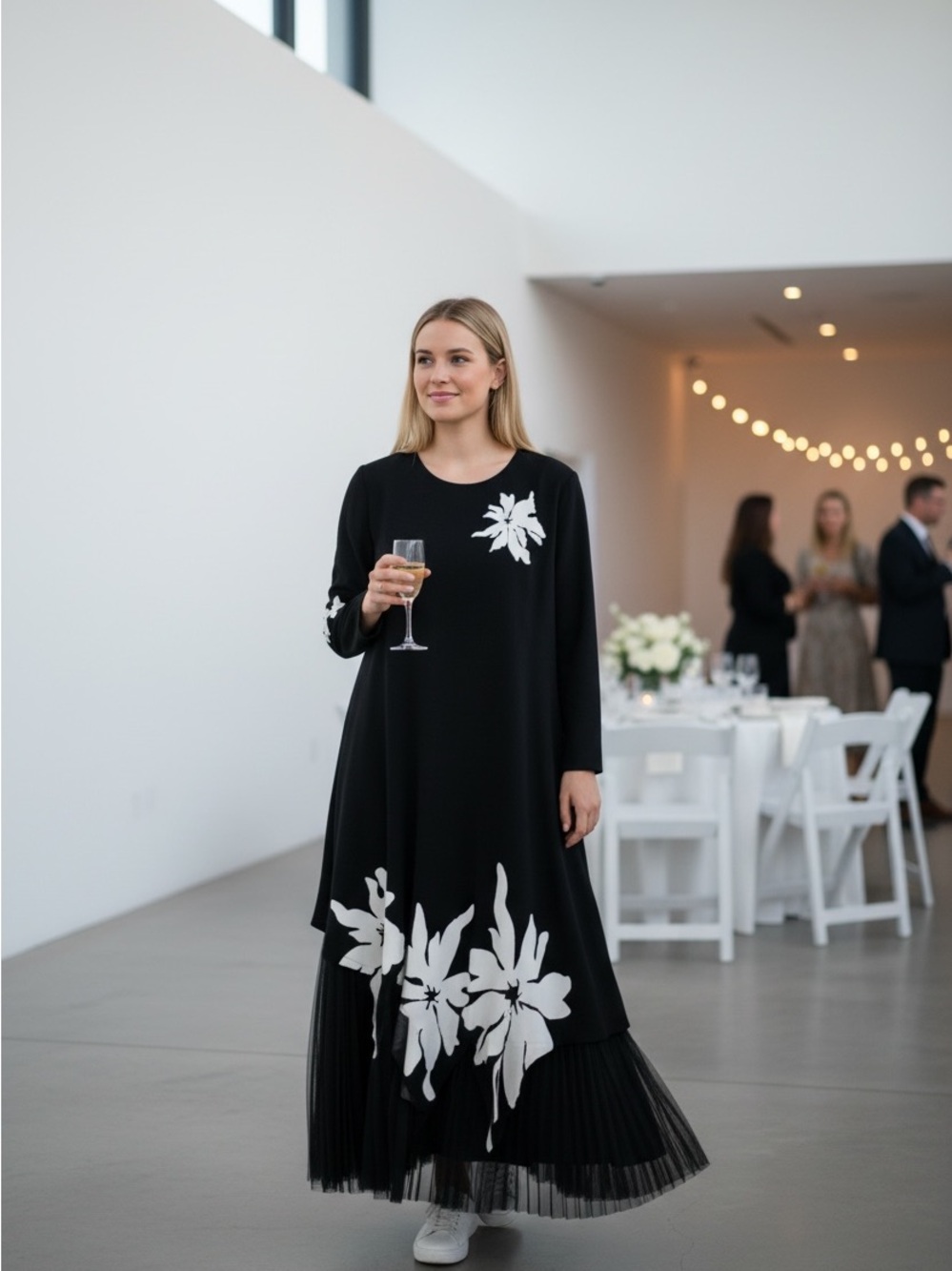 Black Maxi Dress with White Floral Accents